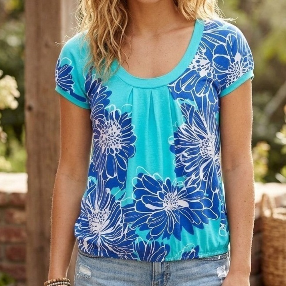 AE Teal Summer Floral Blouse Teal Blue Short Sleeve Boho Bubble Hem‎ Top S